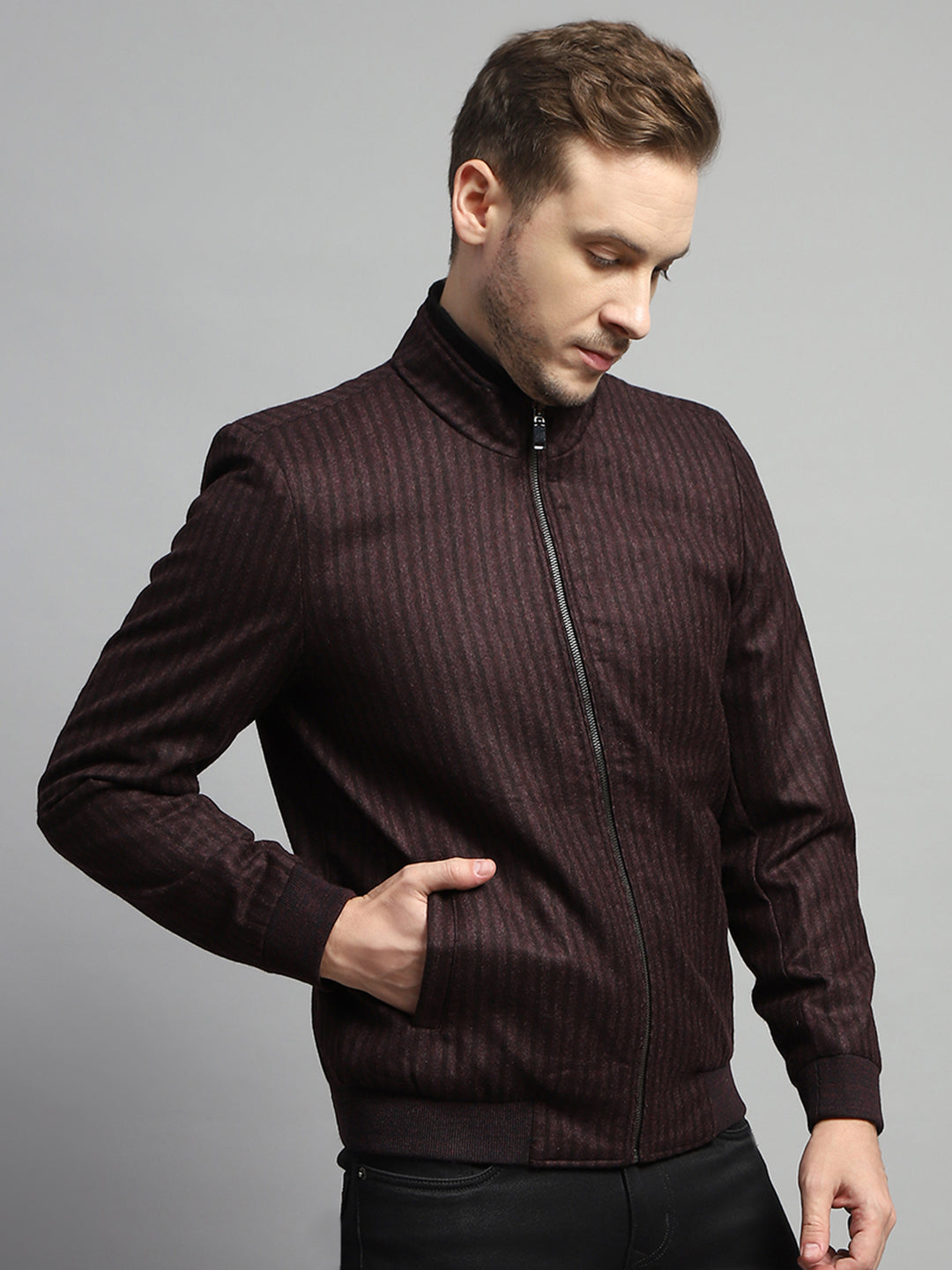 Luxuria Men Maroon Stripe Mock Neck Full Sleeve Coat