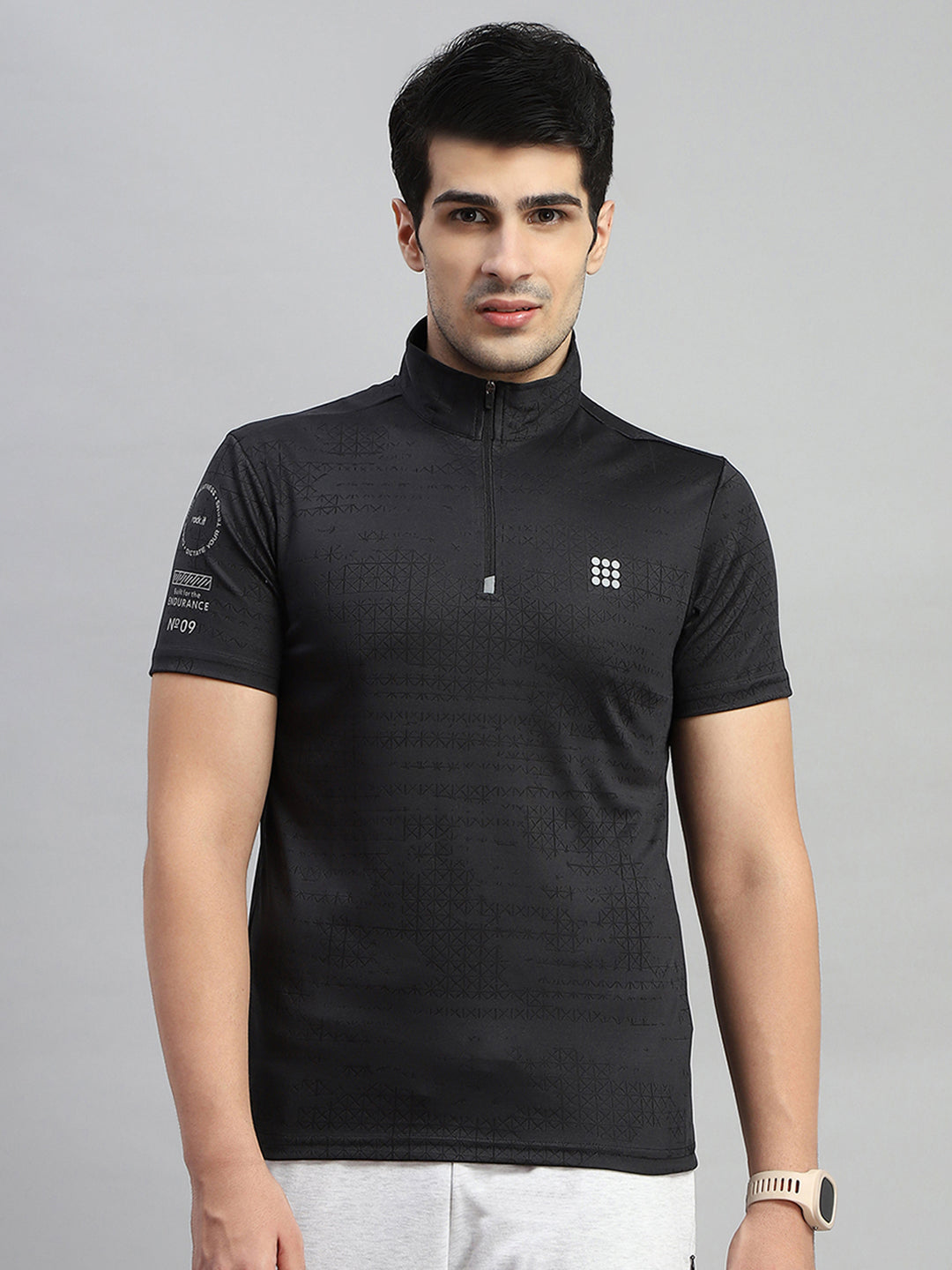 Men Black Self Design Collar Half Sleeve T-Shirt