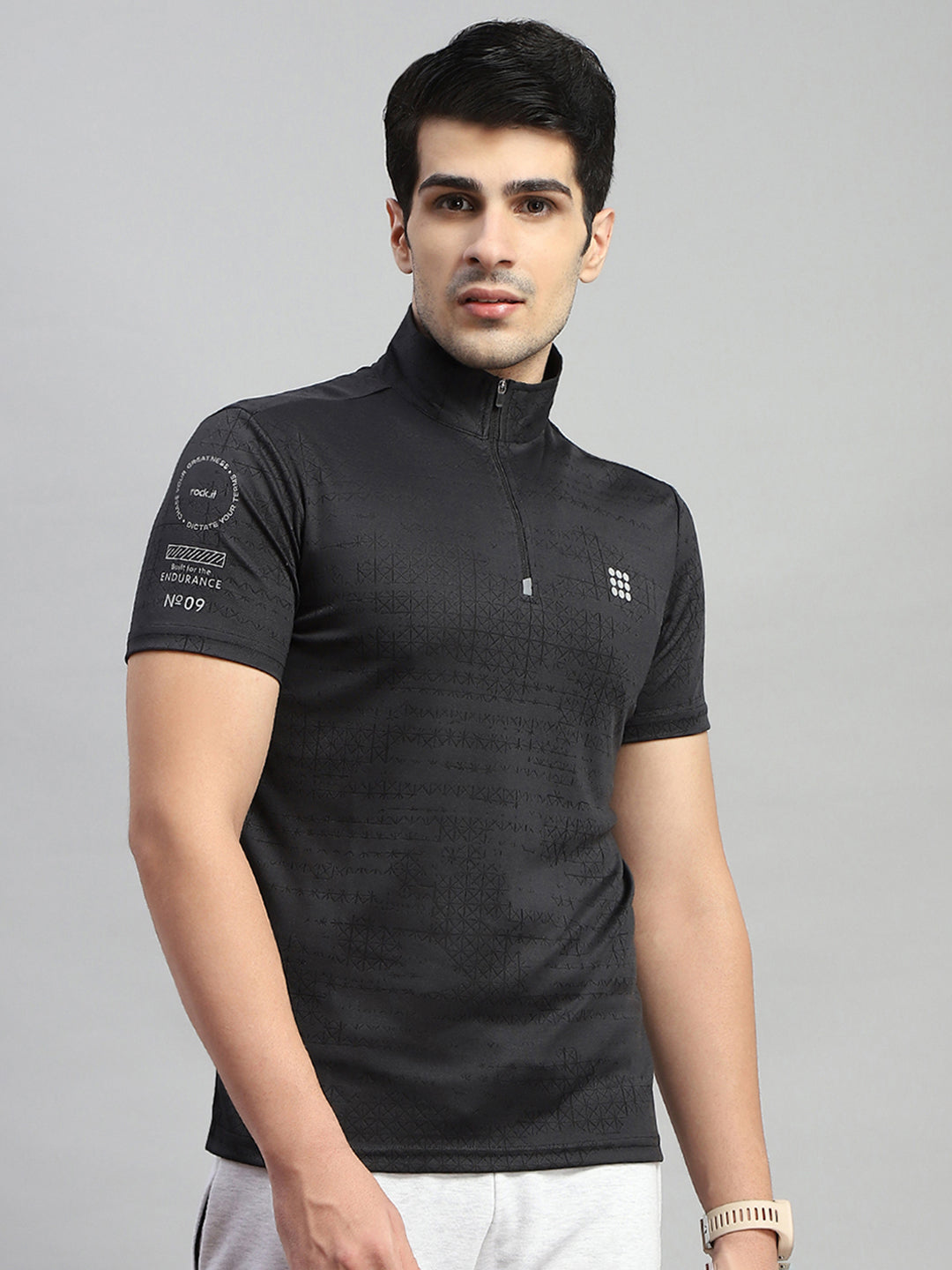 Men Black Self Design Collar Half Sleeve T-Shirt