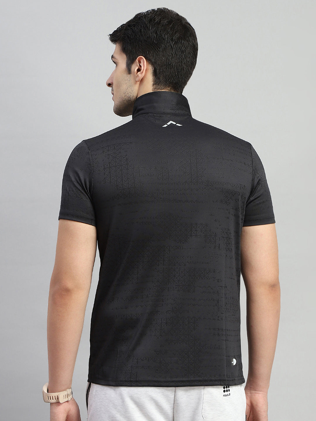 Men Black Self Design Collar Half Sleeve T-Shirt