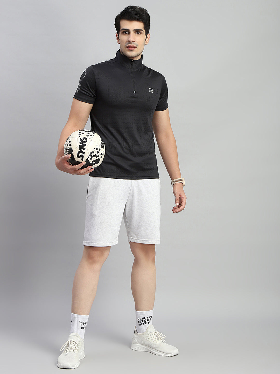 Men Black Self Design Collar Half Sleeve T-Shirt