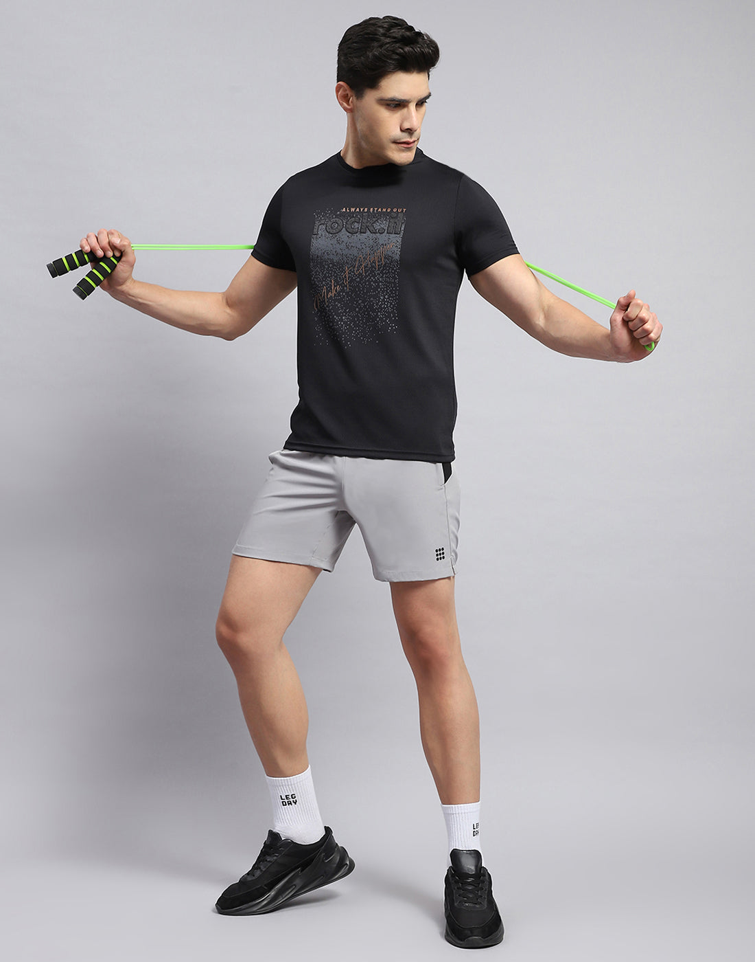 Men Black Self Design Round Neck Half Sleeve T-Shirt