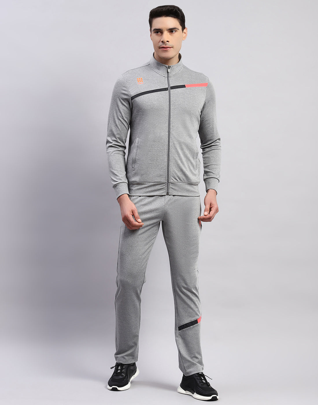 Men Grey Solid Mock Neck Full Sleeve Tracksuit