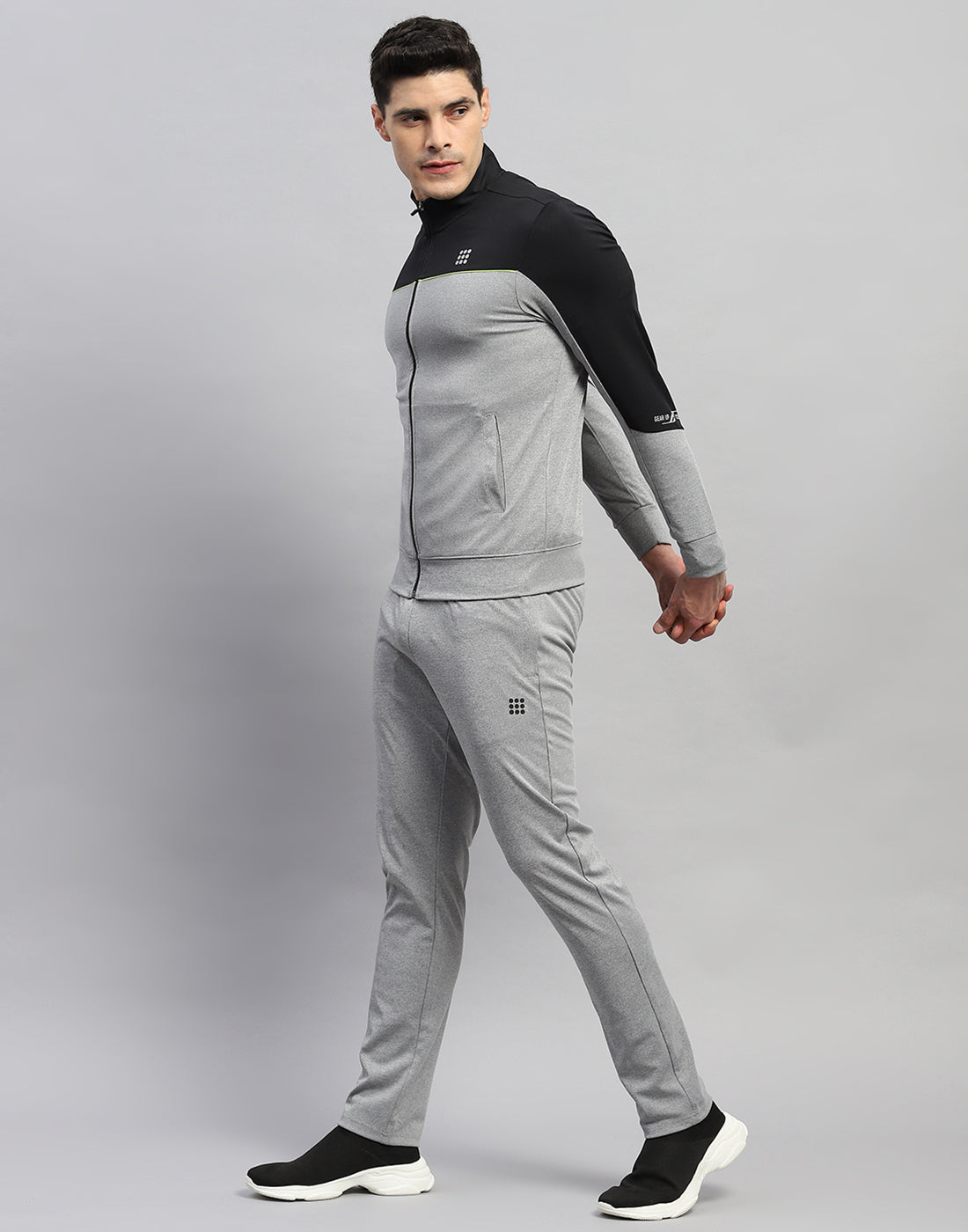 Men Grey Melange Solid Round Neck Full Sleeve Tracksuit