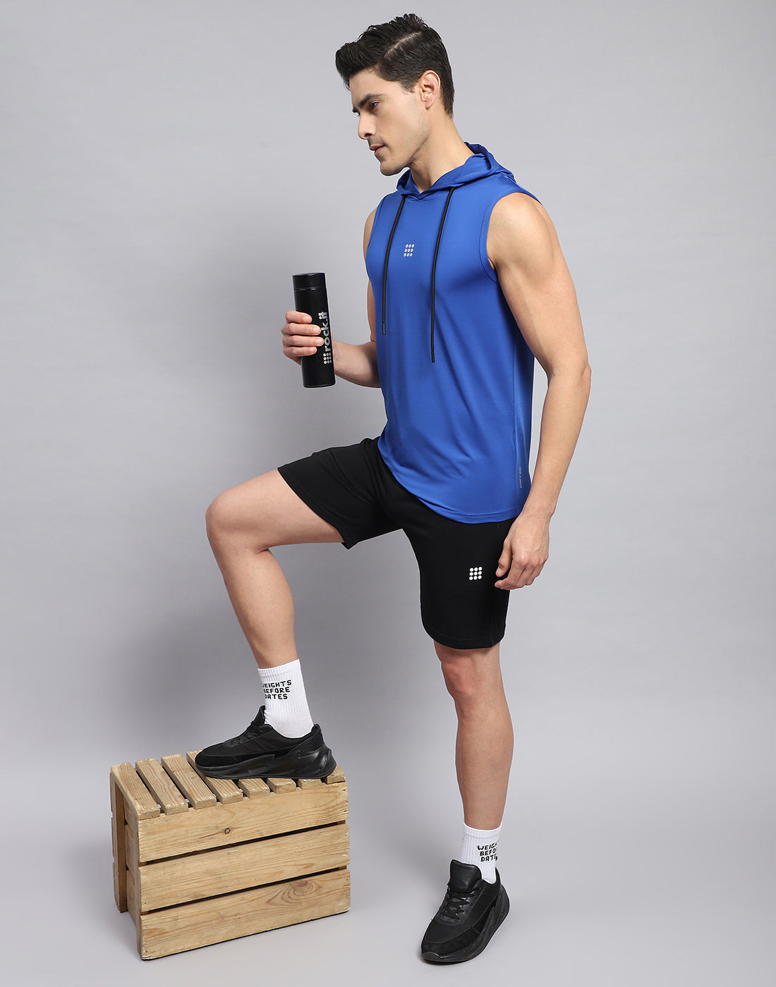 Men Royal Blue Solid Hooded Sleeveless T-Shirt