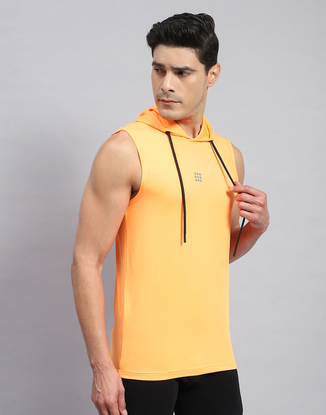 Men Orange Solid Hooded Sleeveless T-Shirt