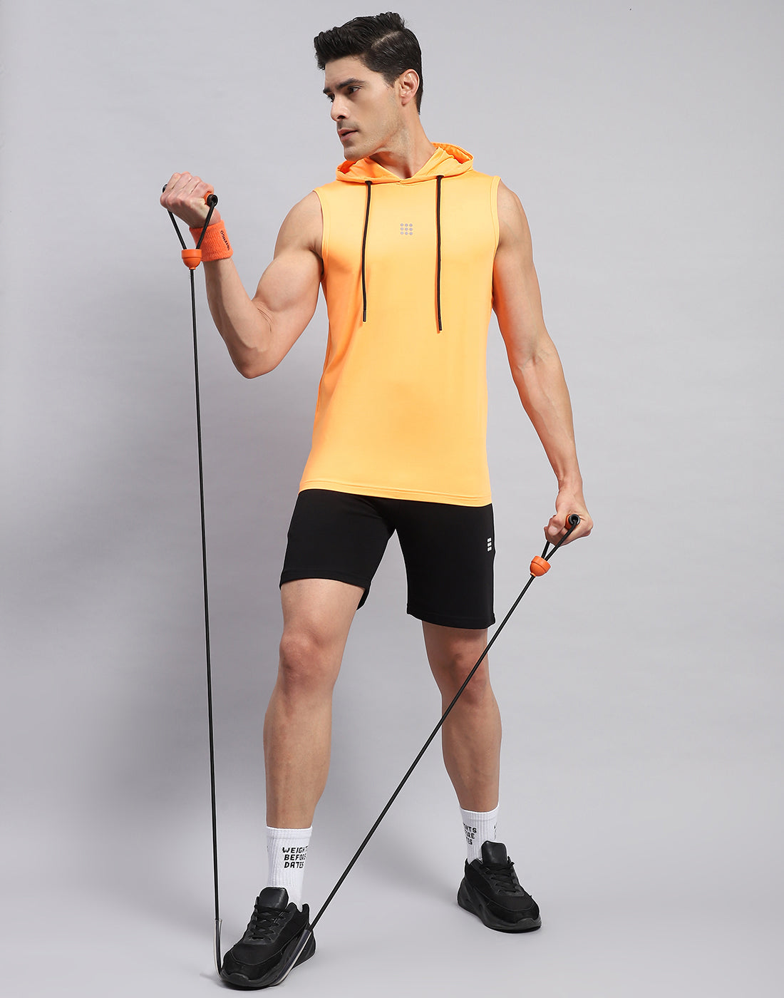 Men Orange Solid Hooded Sleeveless T-Shirt