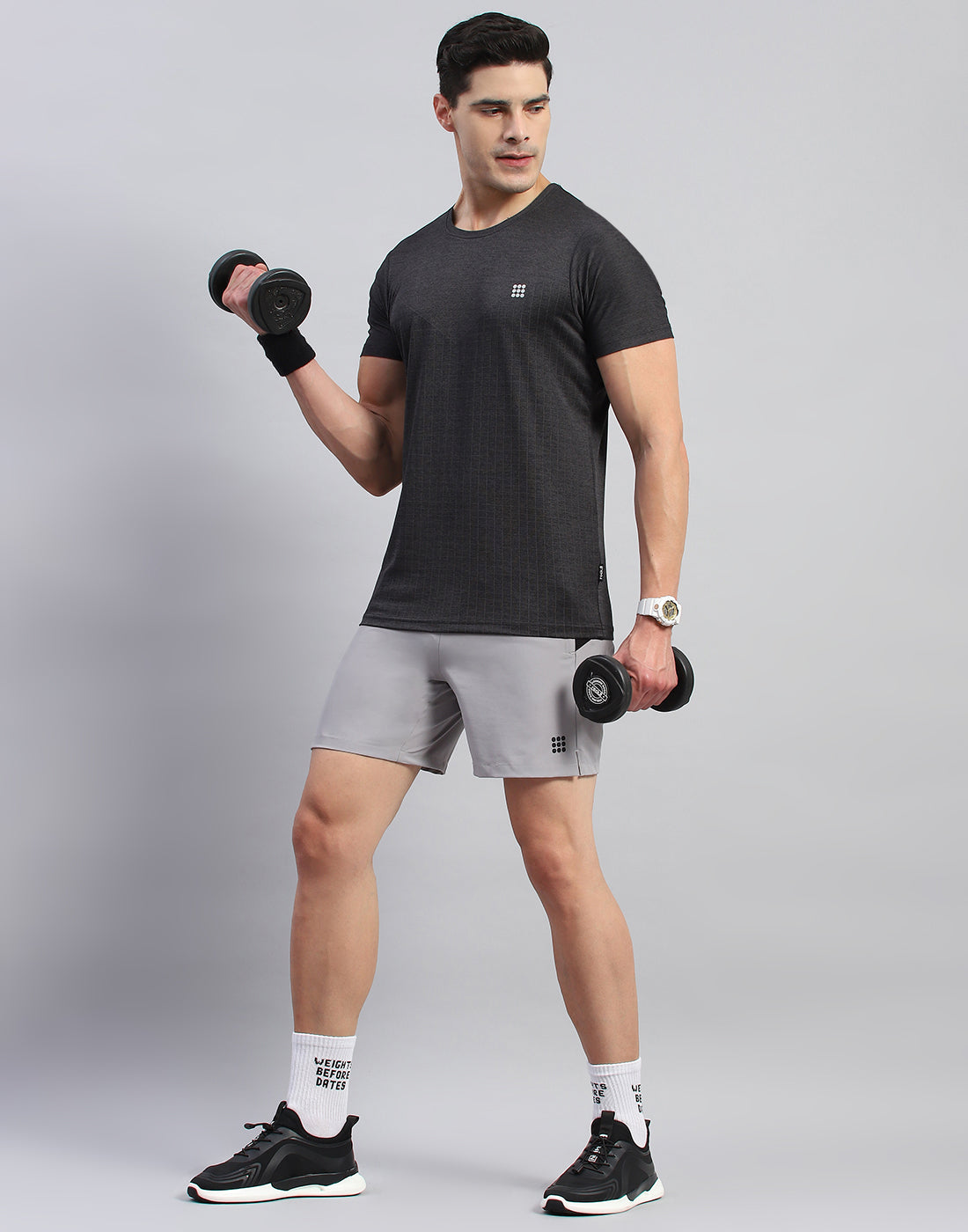 Men Black Self Design Round Neck Half Sleeve T-Shirt