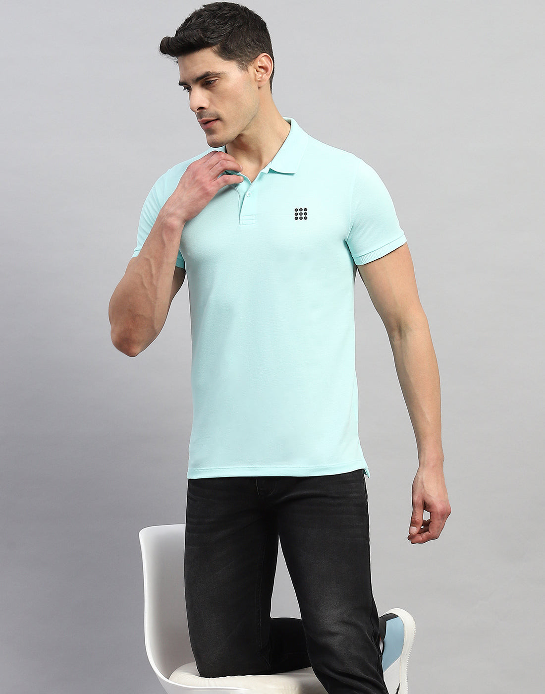 Men Sea Blue Solid Polo Collar Half Sleeve T-Shirt