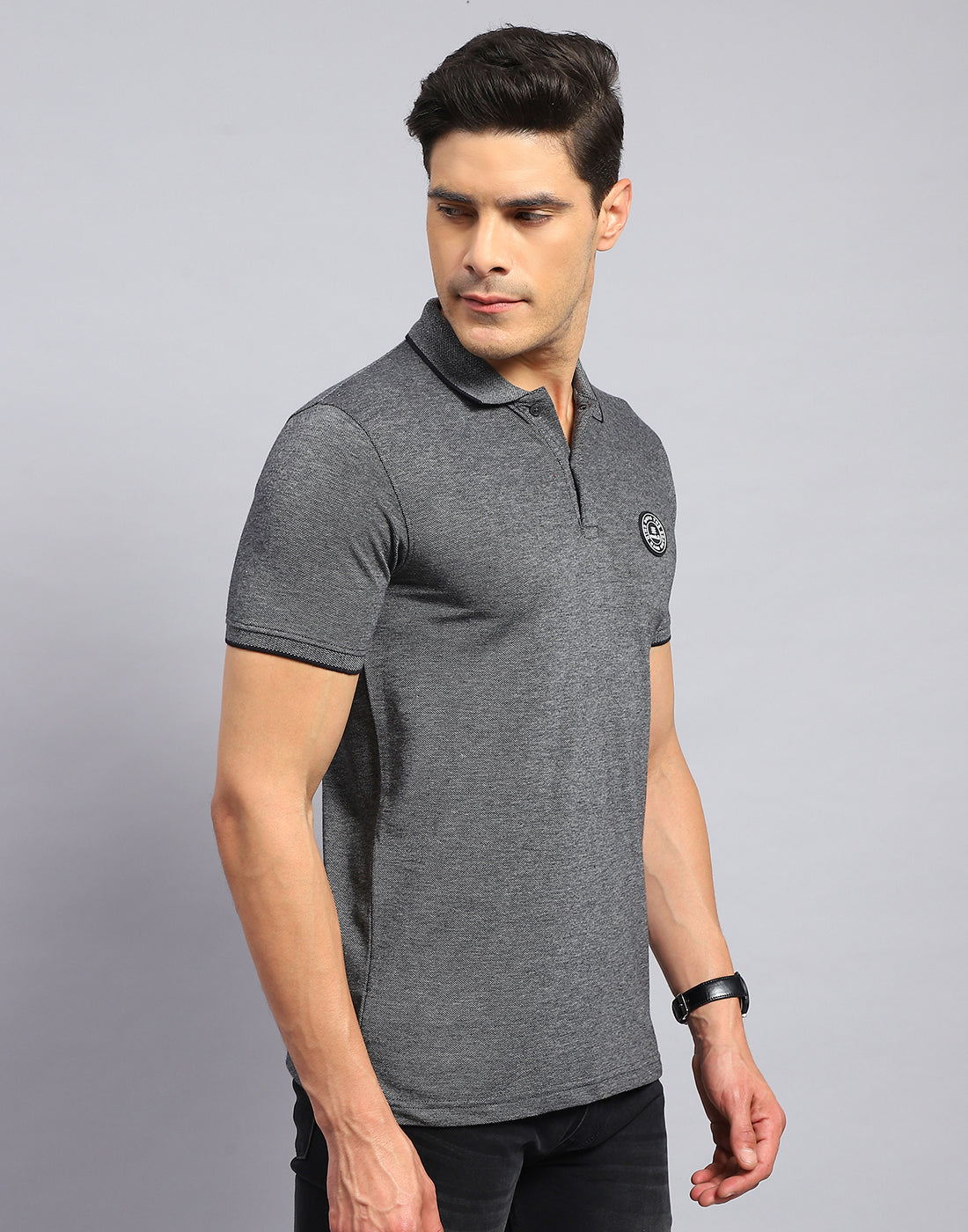 Men Grey Solid Collar Half Sleeve T-Shirt