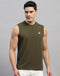 Men Olive Solid Round Neck Sleeveless T-Shirt