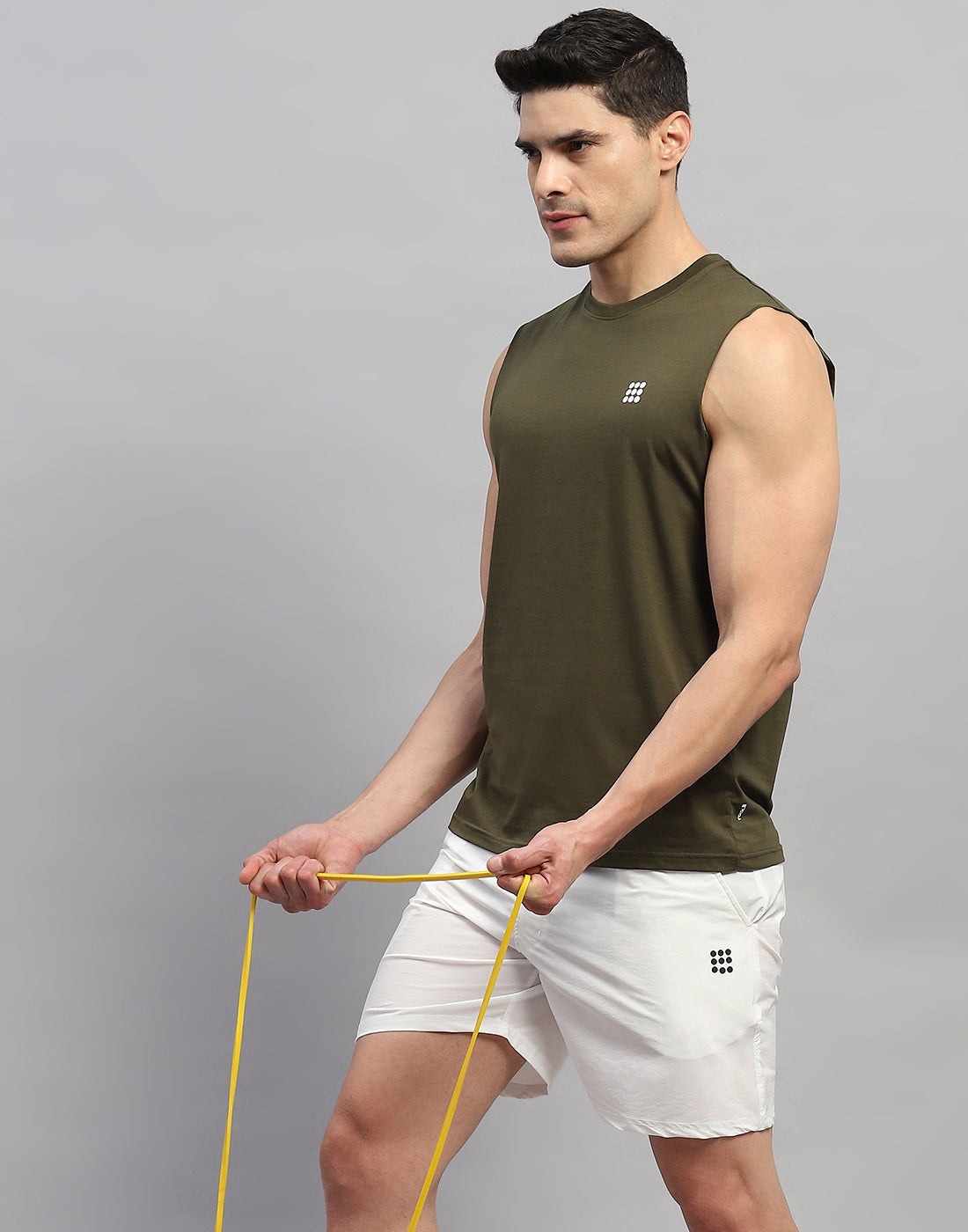 Men Olive Solid Round Neck Sleeveless T-Shirt