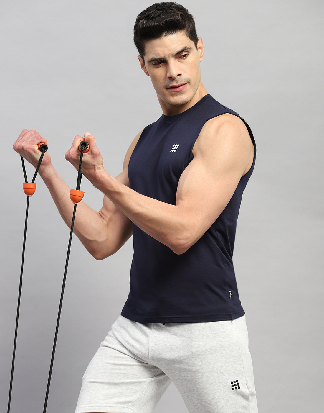 Men Navy Blue Solid Round Neck Sleeveless T-Shirt