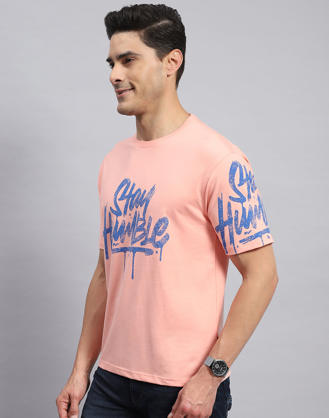 Rock.it Men Peach Printed Round Neck Half Sleeve T-Shirt