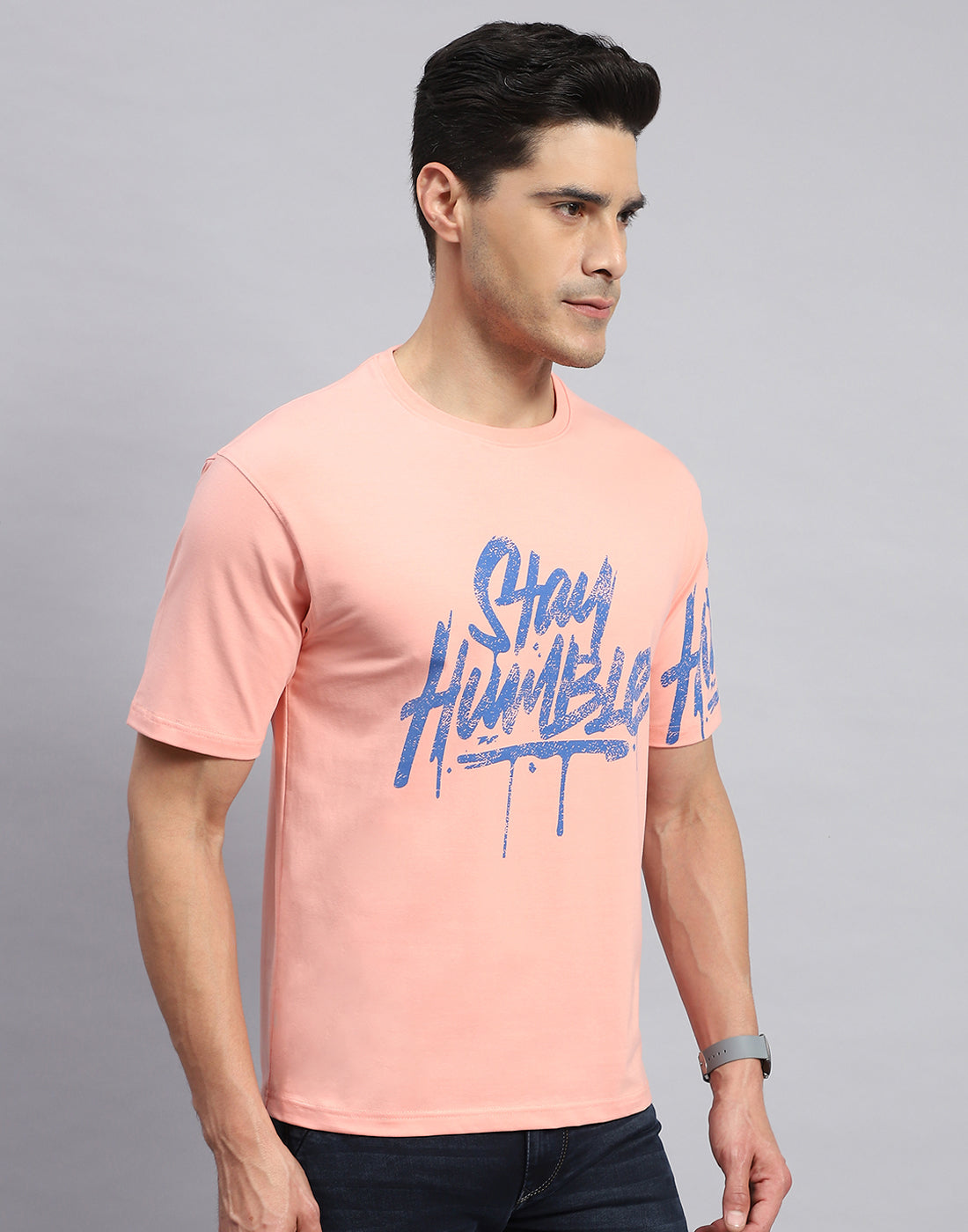 Rock.it Men Peach Printed Round Neck Half Sleeve T-Shirt