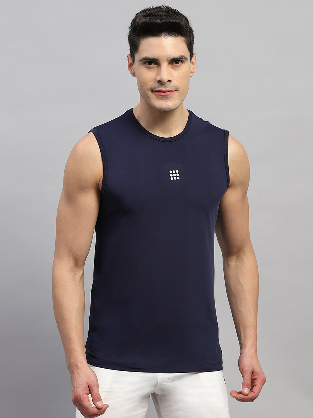 Men Navy Blue Solid Round Neck Sleeveless T-Shirt