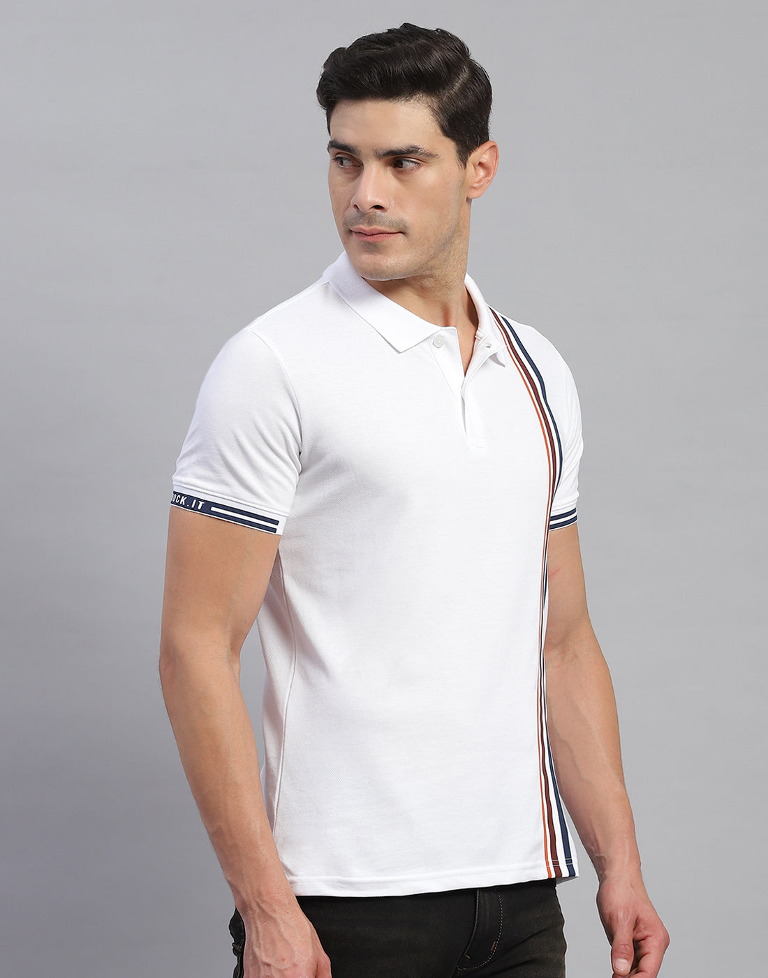 Men White Stripe Collar Half Sleeve T-Shirt