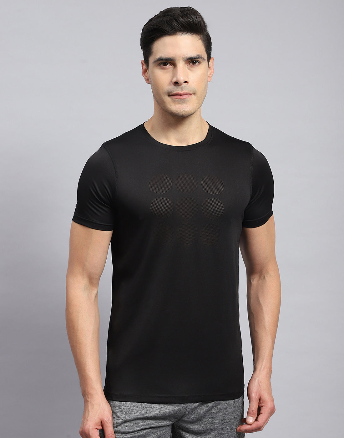Men Black Self Design Round Neck Half Sleeve T-Shirt