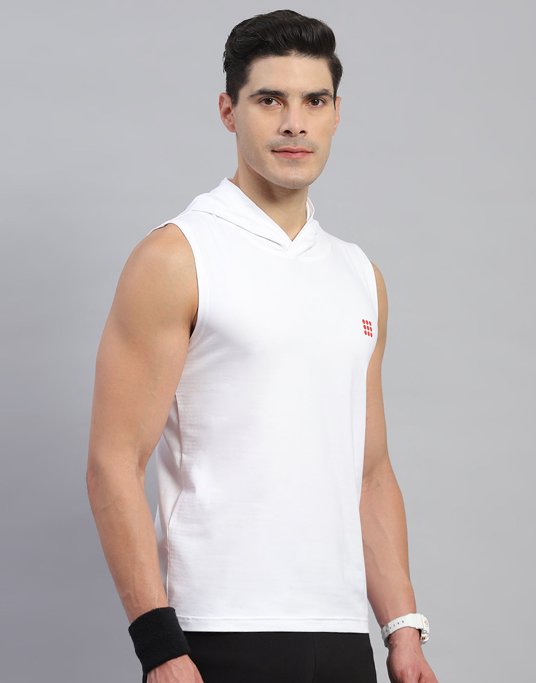 Men White Solid Hooded Sleeveless T-Shirt
