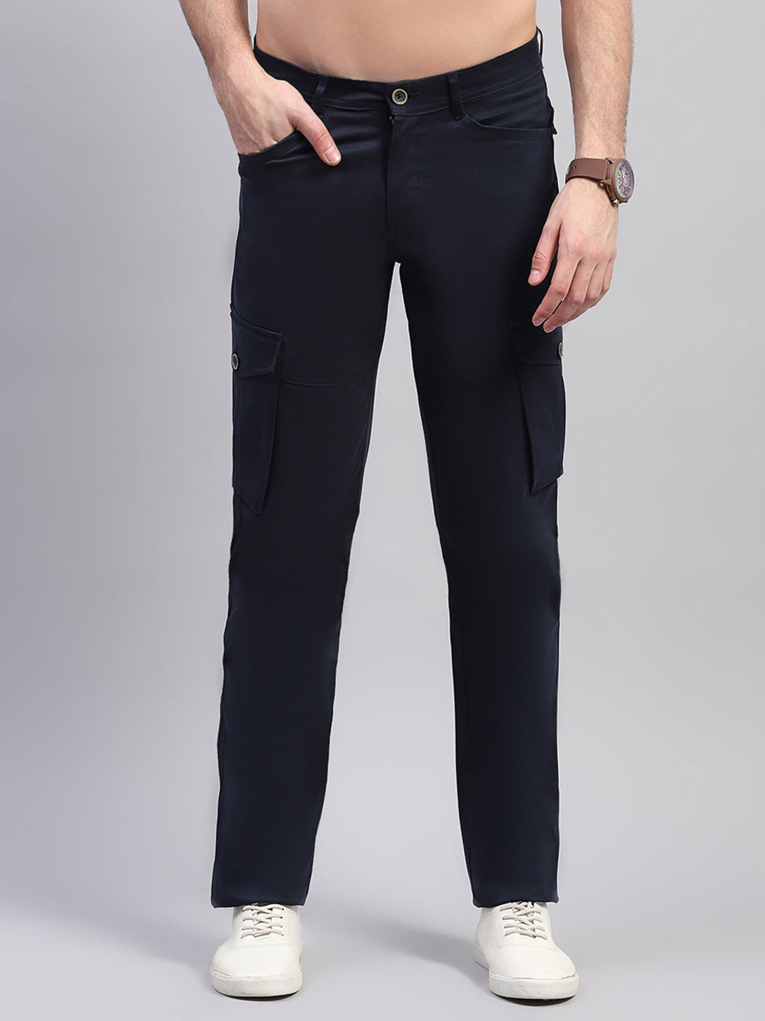 Men Navy Blue Solid Regular Fit Cargo
