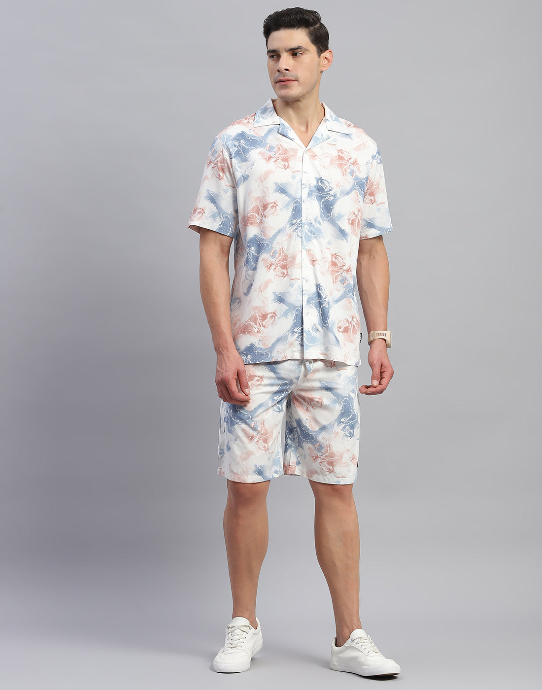 Men Grey Printed Round Neck Half Sleeve Cords Set