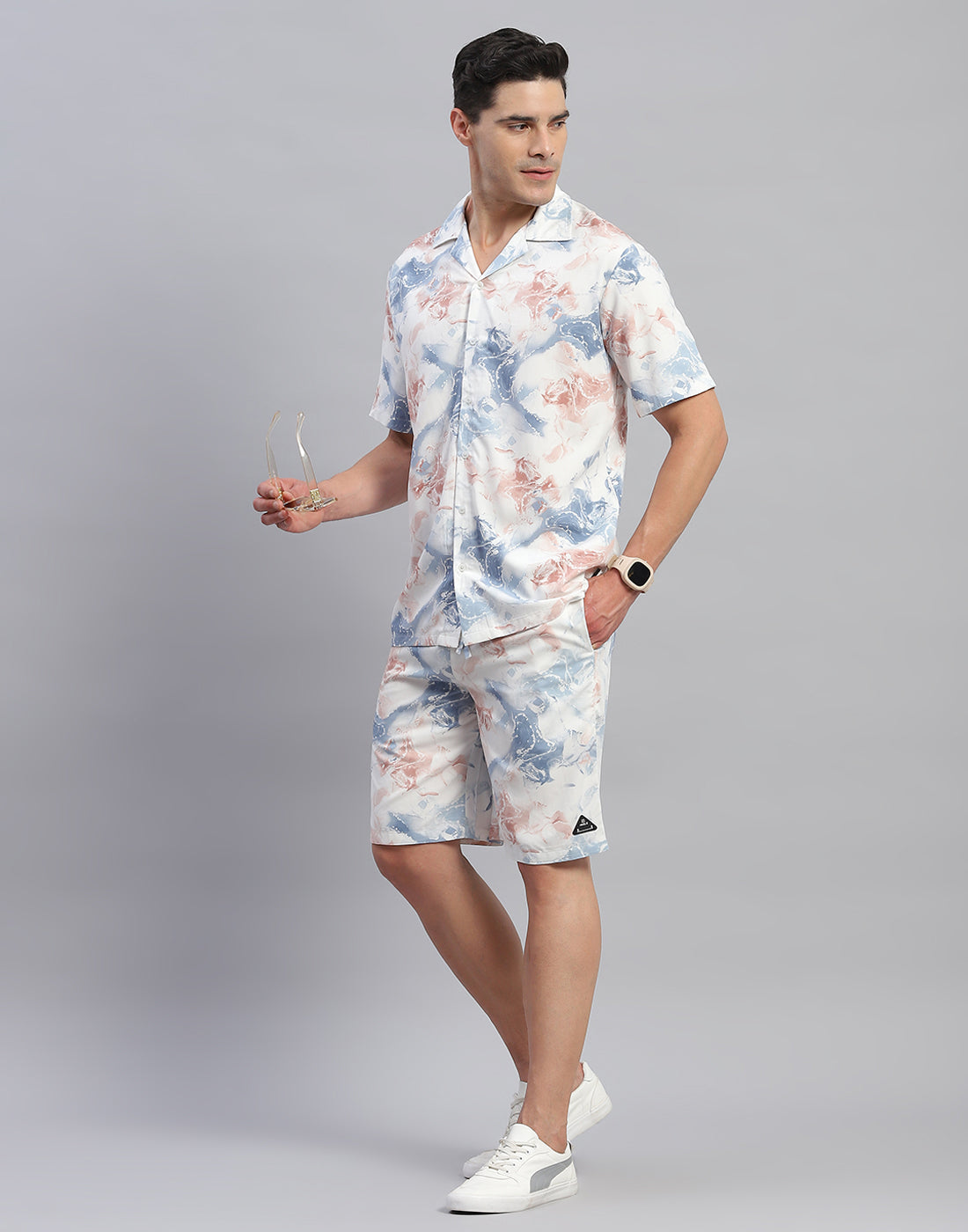 Men Grey Printed Round Neck Half Sleeve Cords Set