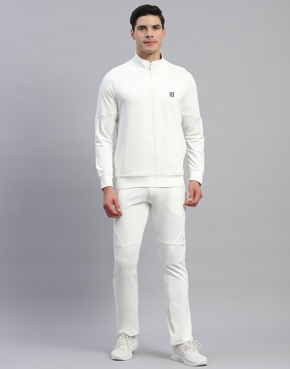 Men Cream Solid Round Neck Full Sleeve Tracksuit