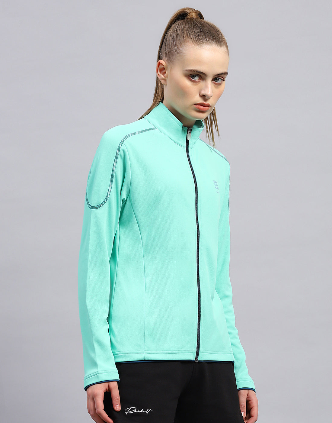 Women Turquoise Blue Self Design Collar Full Sleeve Top