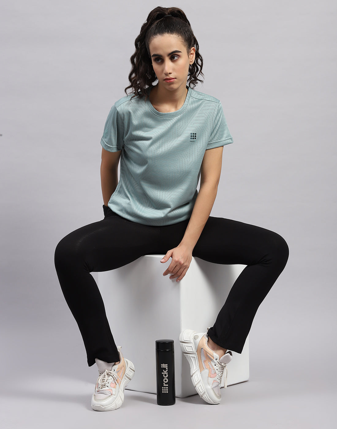 Women Green Self Design Round Neck Half Sleeve Top