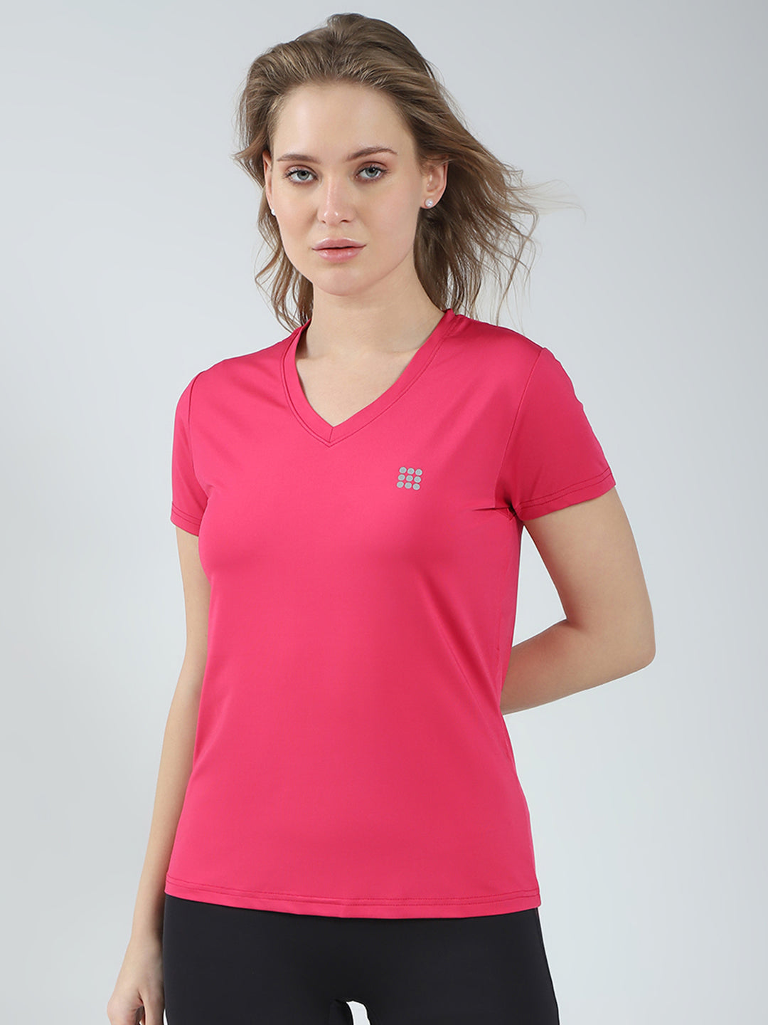 Women Pink Solid V Neck Half Sleeve Top