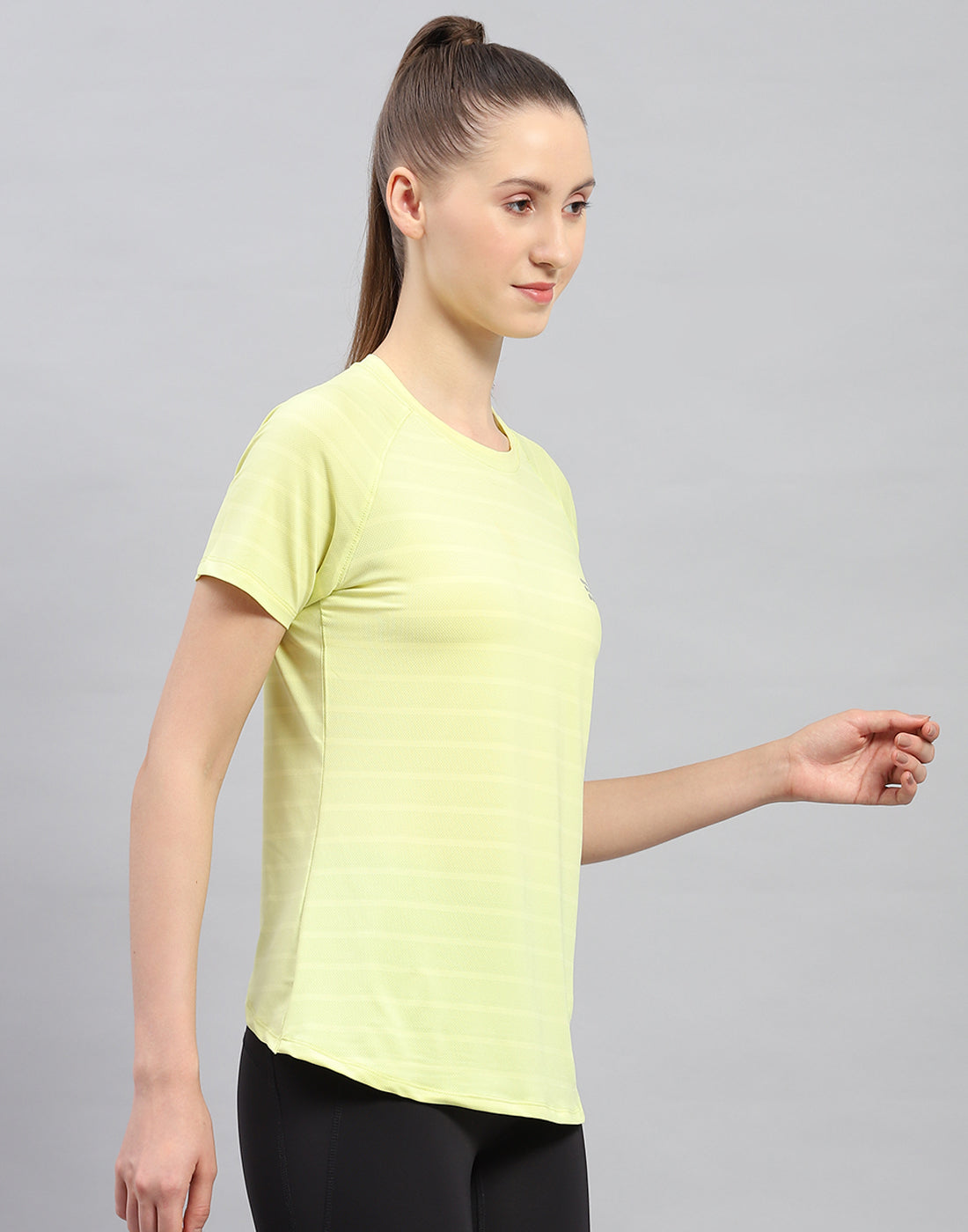 Women Yellow Self Design Round Neck Half Sleeve Top
