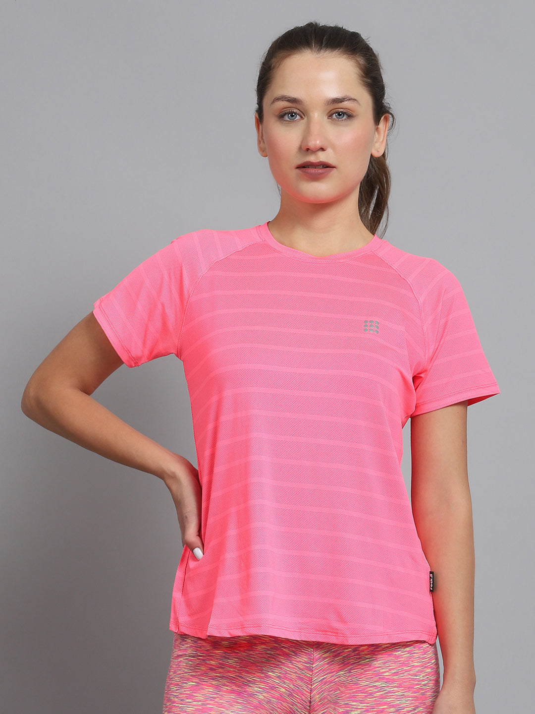 Women Pink Self Design Round Neck Half Sleeve Top