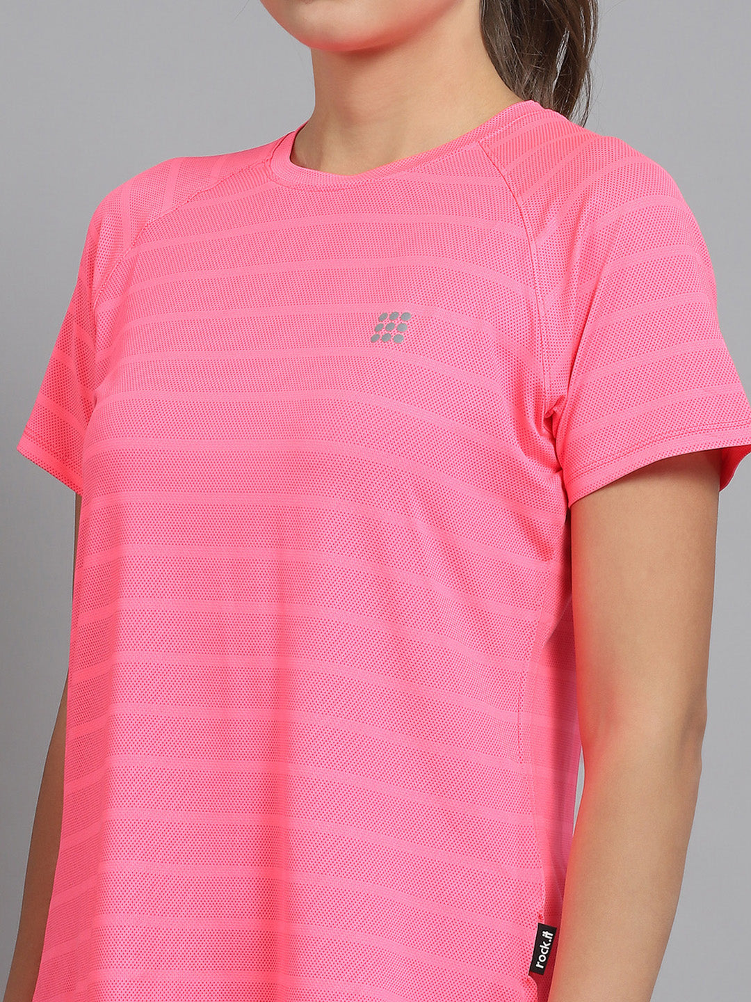 Rock.it Women Pink Self Design Round Neck Half Sleeve Top