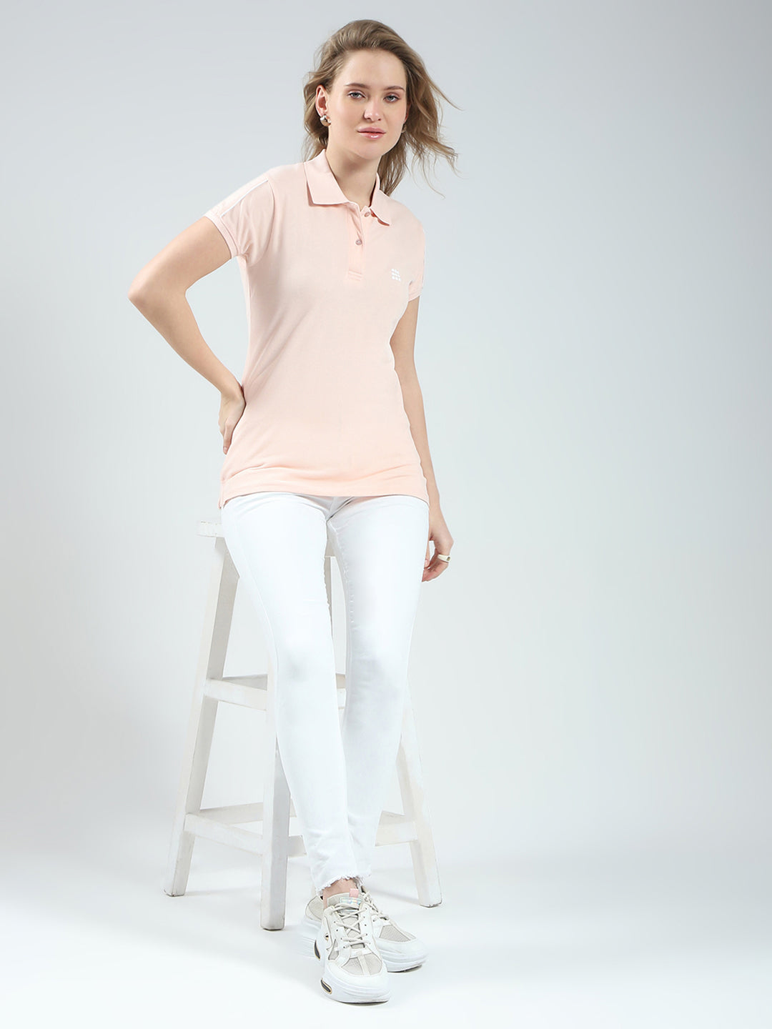 Women Peach Solid Collar Half Sleeve T-Shirt