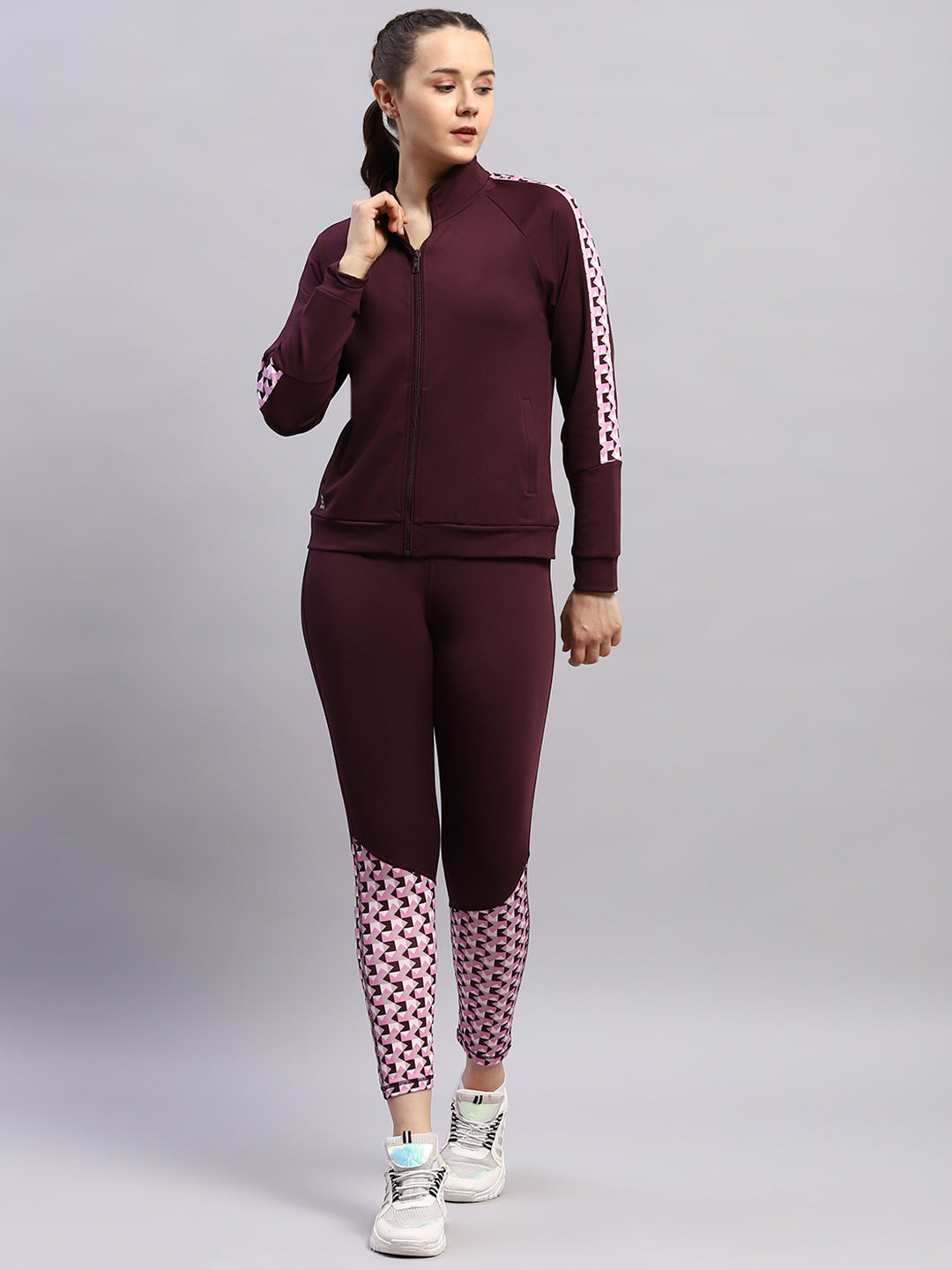 Women Maroon Printed Band Collar Full Sleeve 3Pc Set