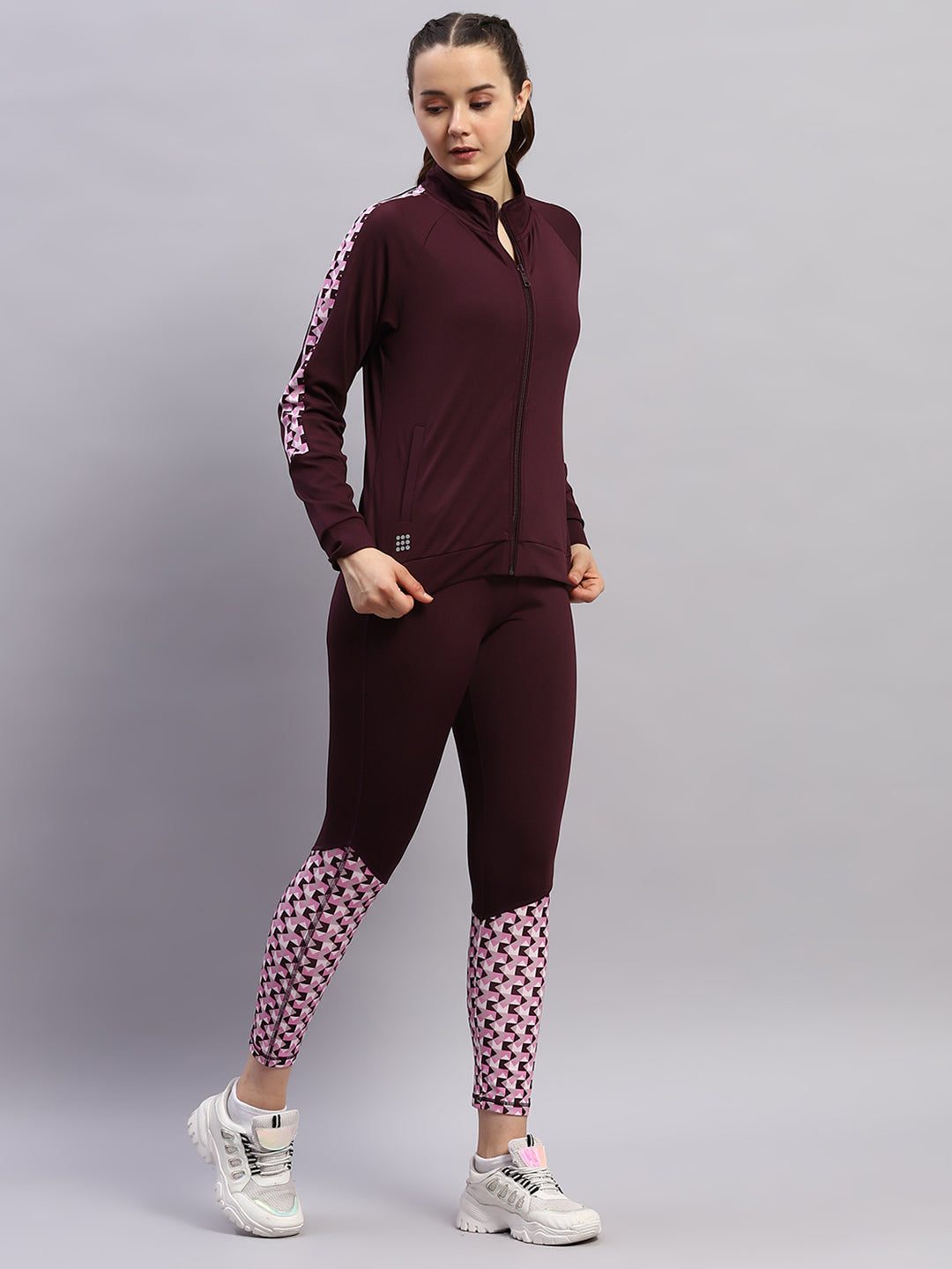 Women Maroon Printed Band Collar Full Sleeve 3Pc Set
