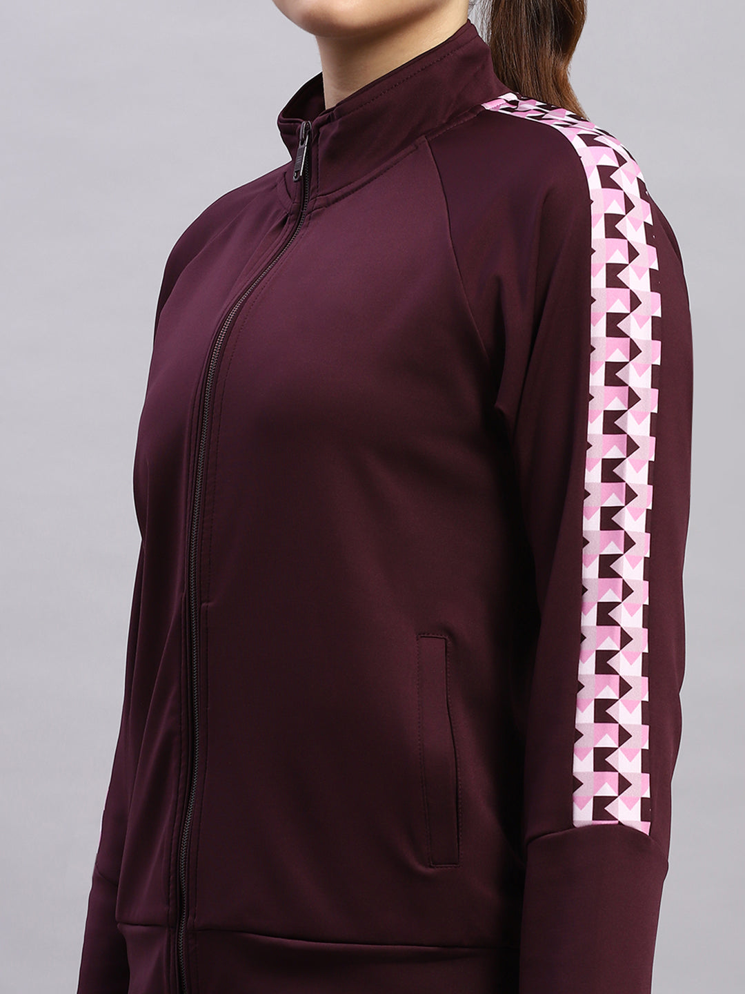 Women Maroon Printed Band Collar Full Sleeve 3Pc Set