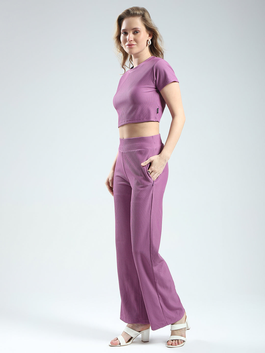 Women Purple Solid Round Neck Half Sleeve Cords Set
