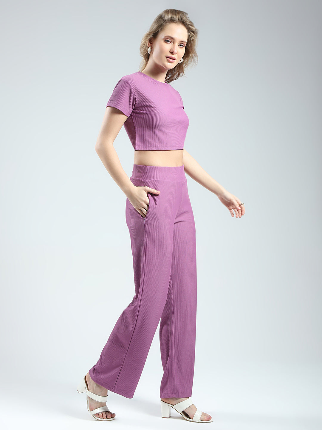 Women Purple Solid Round Neck Half Sleeve Cords Set