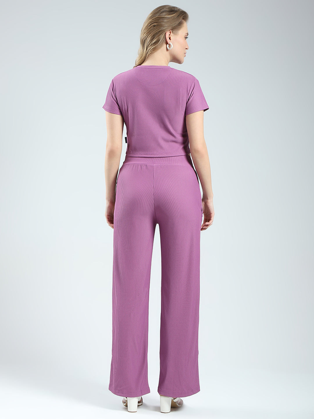 Women Purple Solid Round Neck Half Sleeve Cords Set