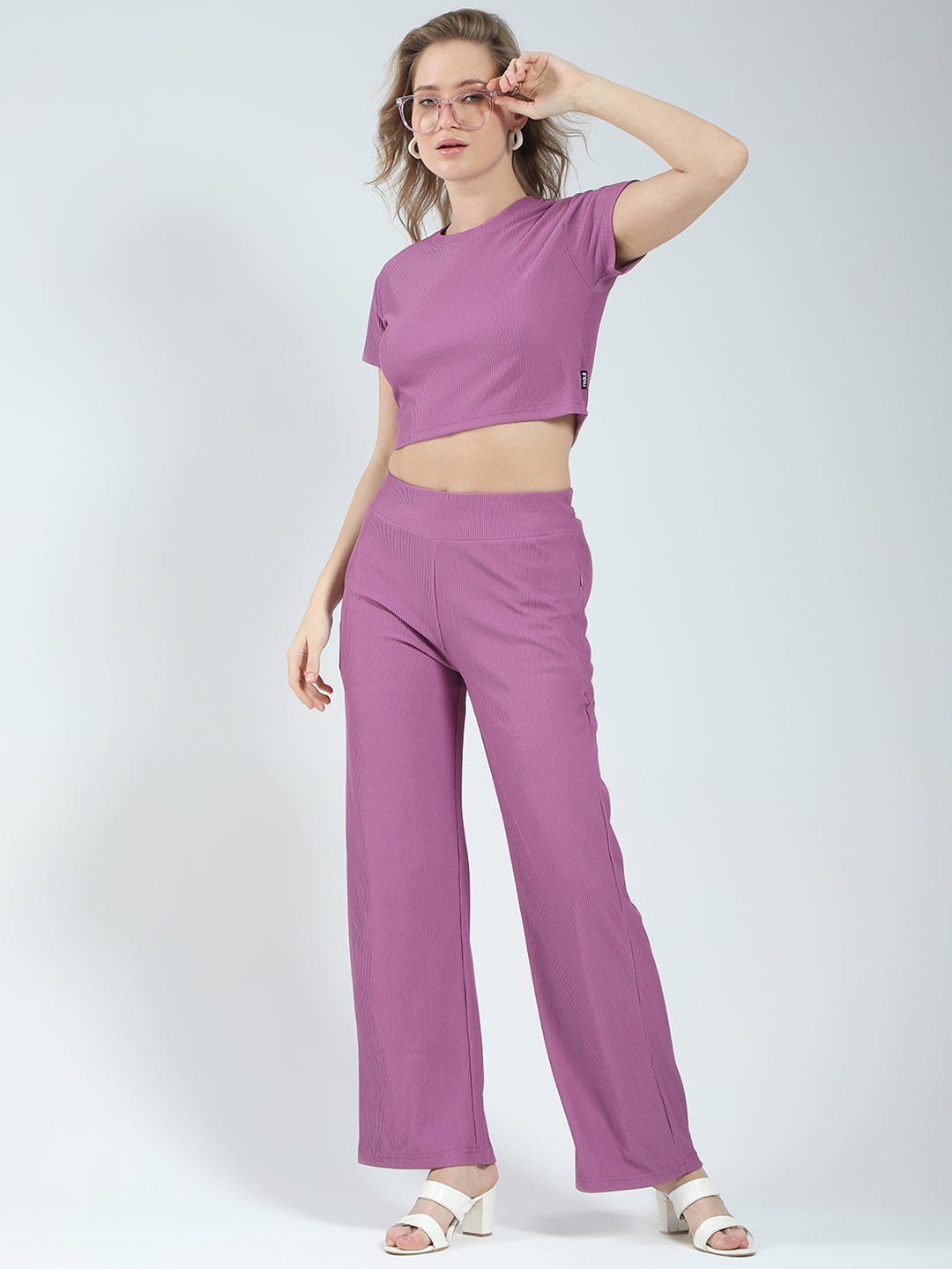 Women Purple Solid Round Neck Half Sleeve Cords Set