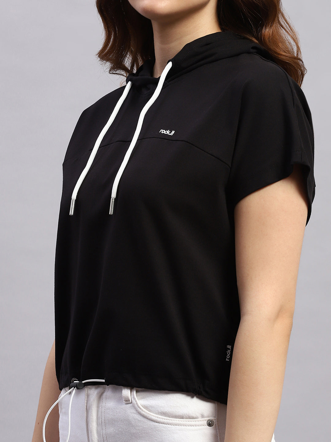 Rock.it Women Black Self Design Hooded Half Sleeve Top