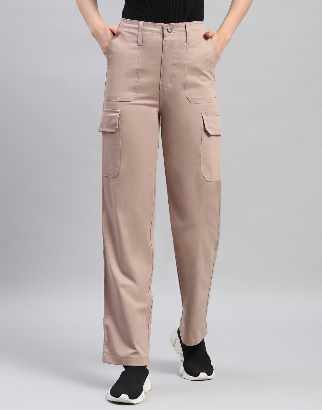 Women Khaki Solid Straight Fit Cargo