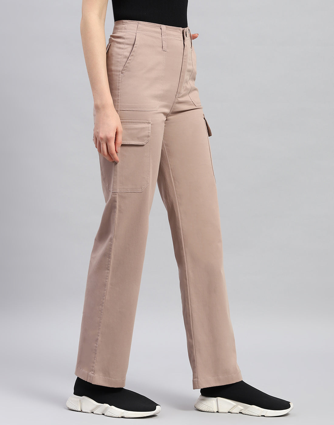 Women Khaki Solid Straight Fit Cargo