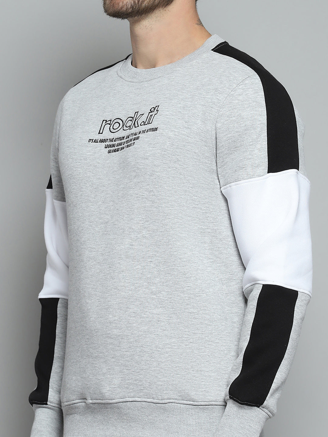 Men Grey Printed Round Neck Full Sleeve Sweatshirt