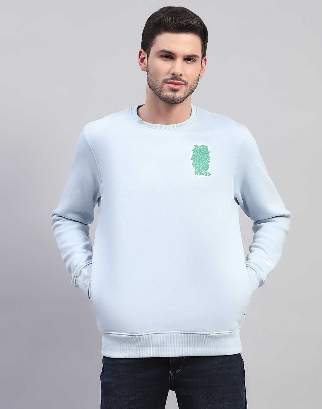 Rock.it Men Sky Blue Printed Round Neck Full Sleeve Sweatshirt