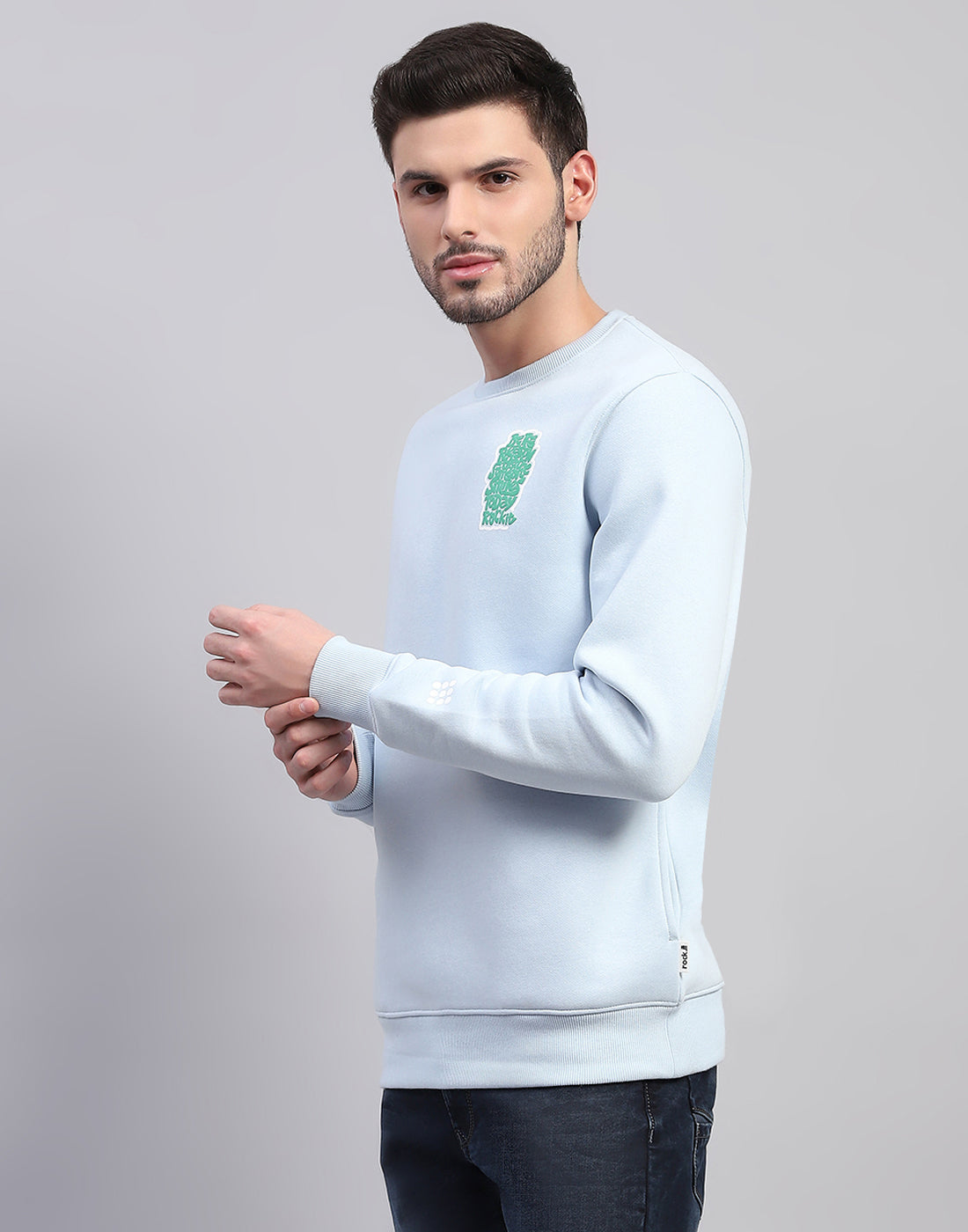 Rock.it Men Sky Blue Printed Round Neck Full Sleeve Sweatshirt