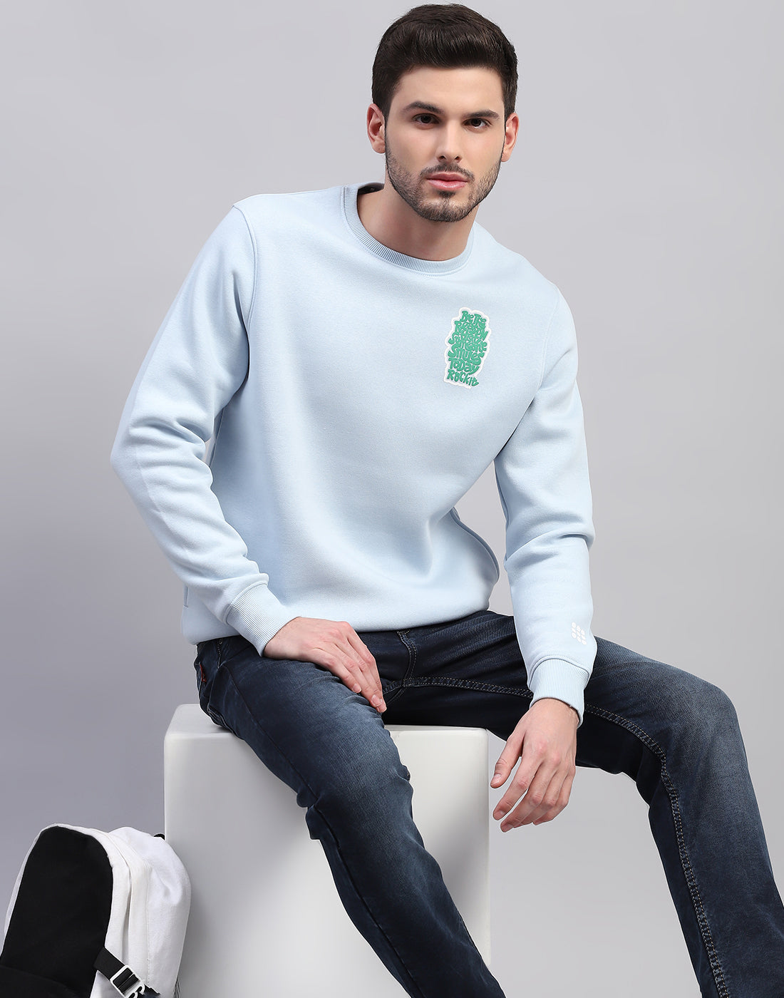 Rock.it Men Sky Blue Printed Round Neck Full Sleeve Sweatshirt