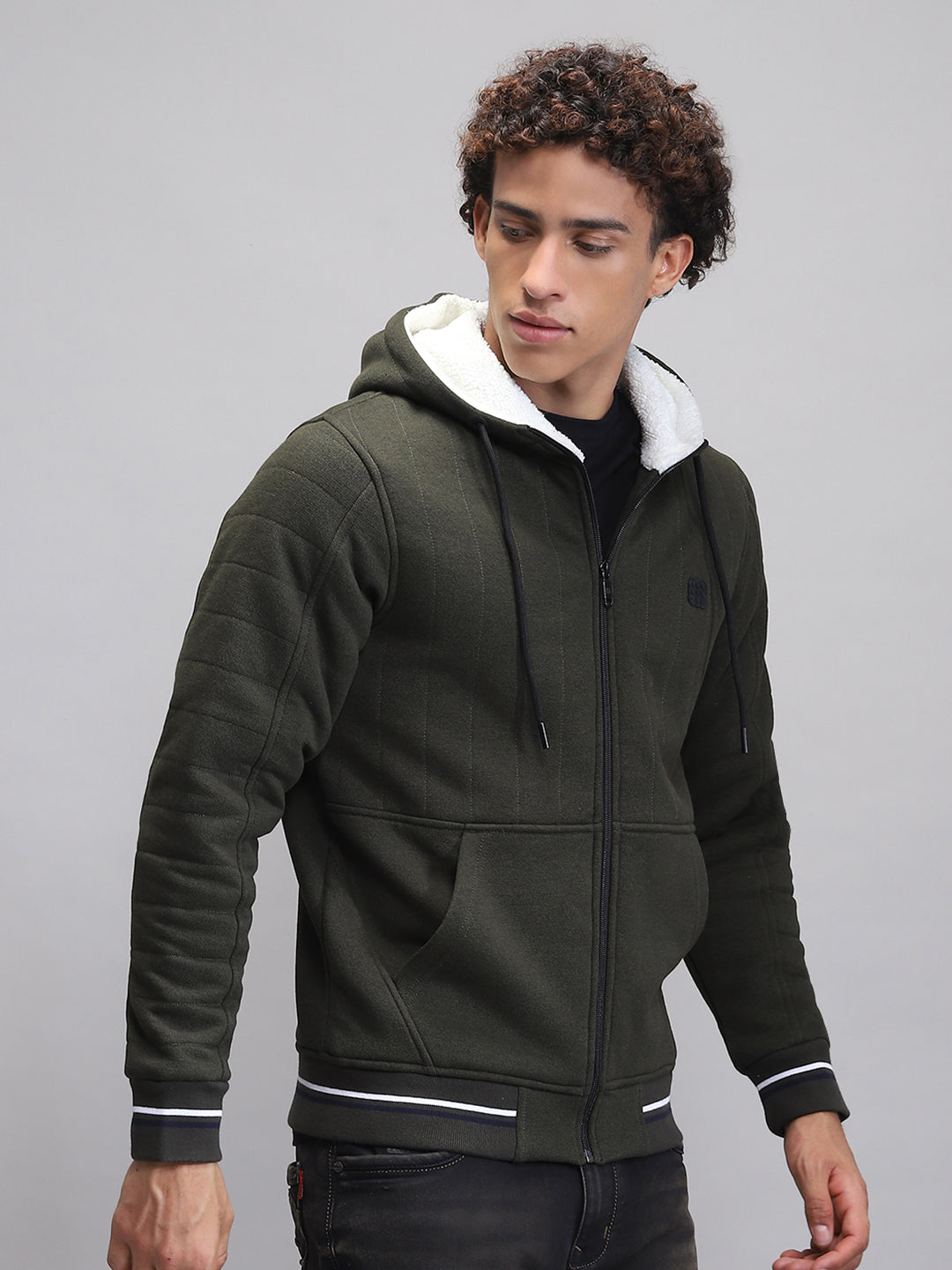 Rock.it Men Olive Solid Hooded Full Sleeve Sweatshirt