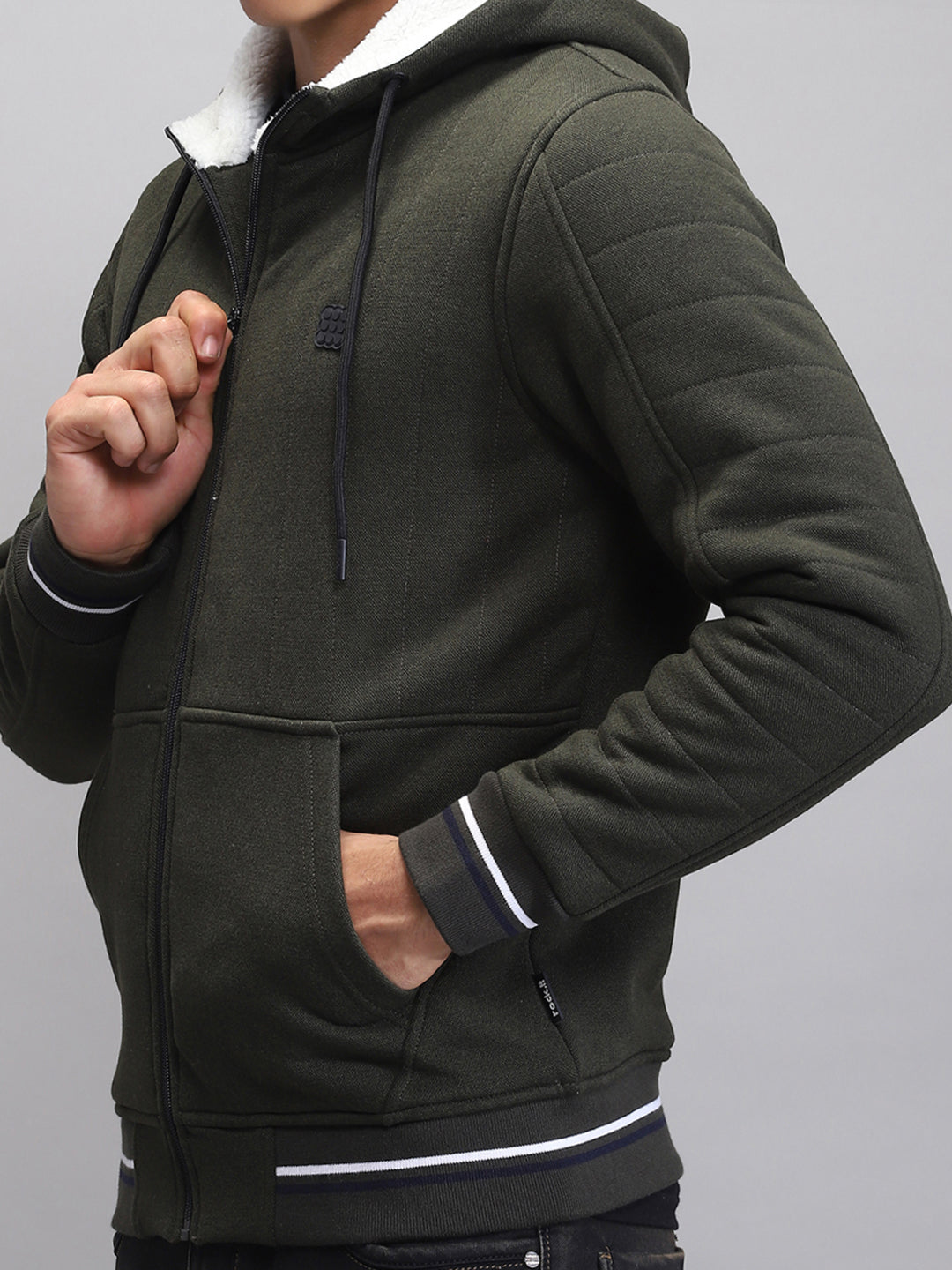 Rock.it Men Olive Solid Hooded Full Sleeve Sweatshirt